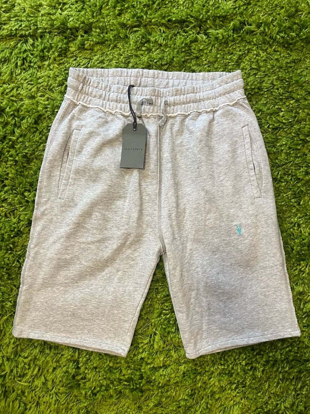 AllSaints Men's Grey Loopback Sweat Shorts with Embroidered Ram Skull Logo
